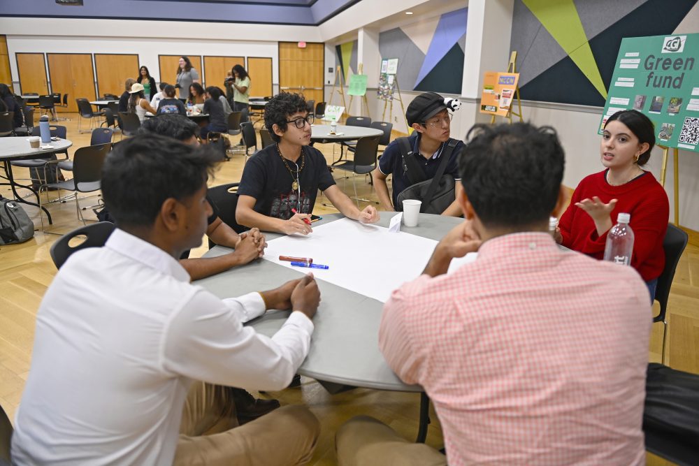 A group of students discuss ideas to integrate sustainability on campus